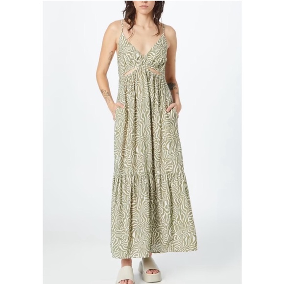 Abercrombie & Fitch Abstract Geometric Cut-Out Tiered Maxi Dress Green XLP - Picture 1 of 11